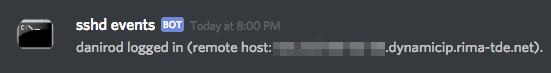 The webhook prints my username and my (blurred) host address.