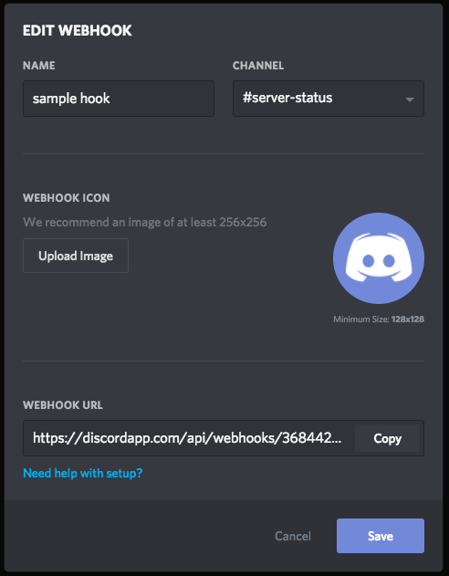 Settings dialog for my Discord webhook.